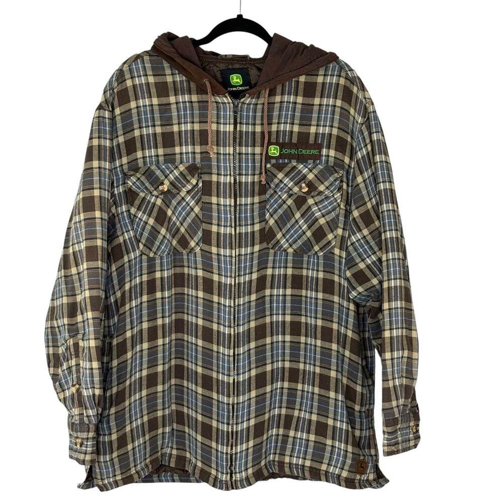 John Deere Mens Shacket Plaid Flannel Hoodie Full Zip Shirt Jacket XXL